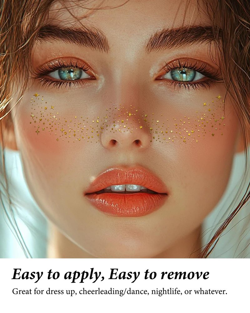 XICZH Glitter Freckles, Gold Temporary Face Tattoos Stickers, Body Face Glitter for Women Girls, Country Concerts Singer Festival Rave Accessories (Gold - 10 pcs)