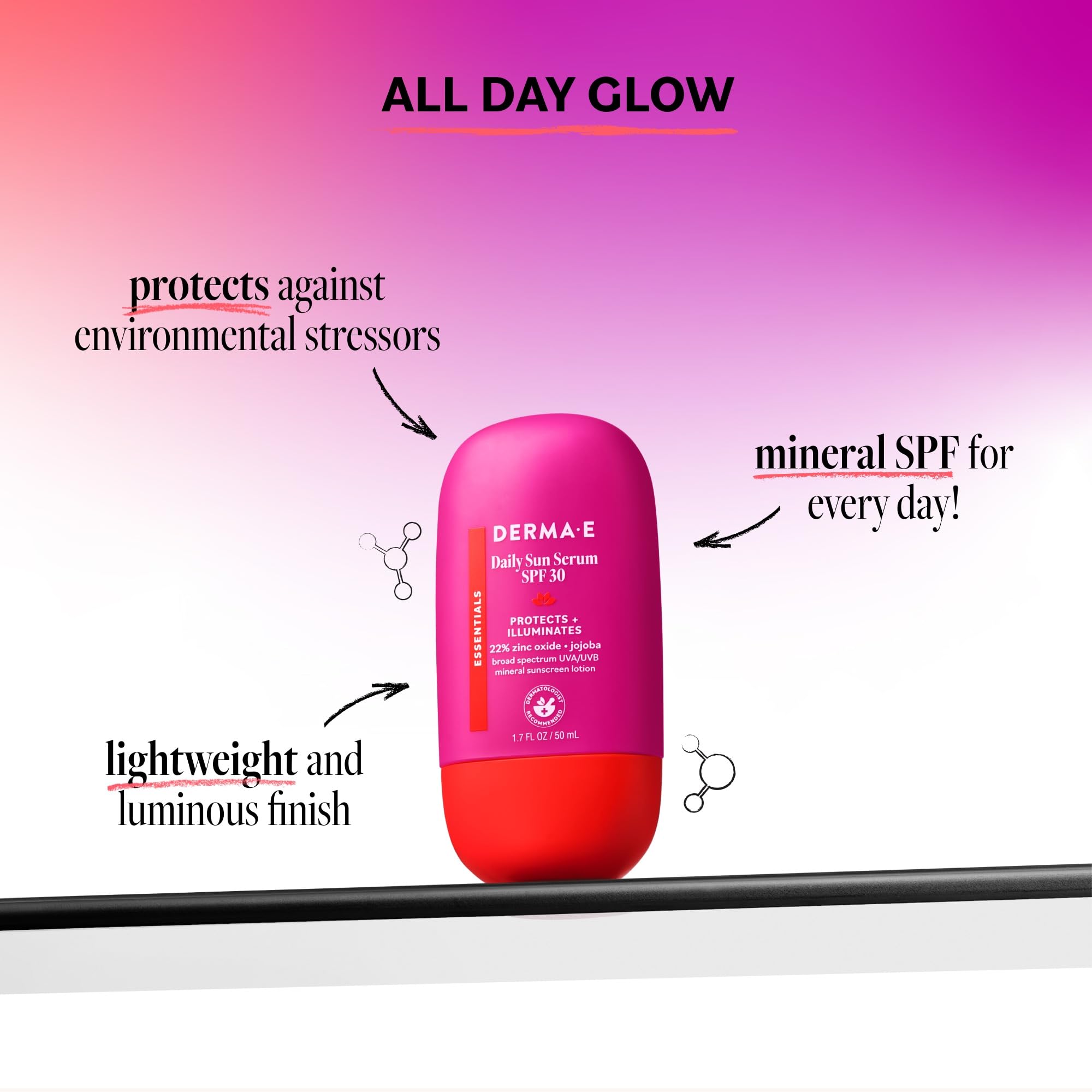 Derma-E Daily Sun Serum SPF 30, 1.7 Fl Oz, Mineral Facial Sunscreen with 22% Zinc Oxide, Fast Absorbing & Lightweight, Jojoba Oil, Bisabolol & Vitamin E, Sun Protection with Dewy Radiant Finish