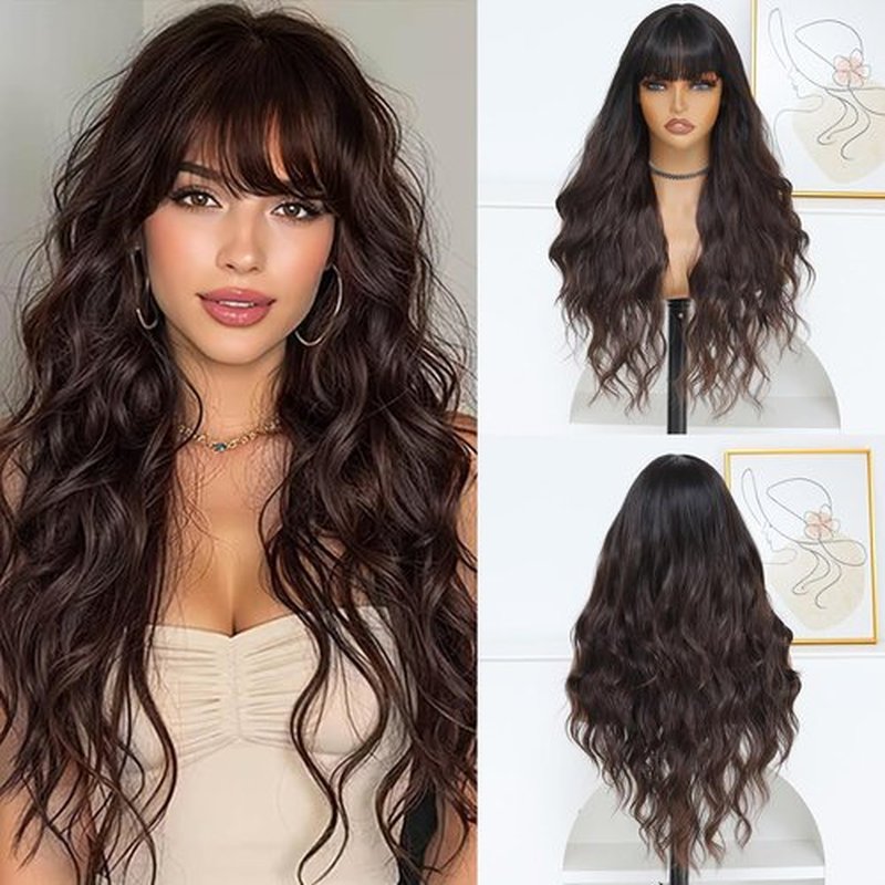 BEAUTIFA Dark Brown Wig for Women, Long Brown Wavy Wig with Bangs 26 Inch Wigs Natural Looking Heat Resistant Synthetic Wig for Daily Party Use