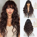 BEAUTIFA Dark Brown Wig for Women, Long Brown Wavy Wig with Bangs 26 Inch Wigs Natural Looking Heat Resistant Synthetic Wig for Daily Party Use