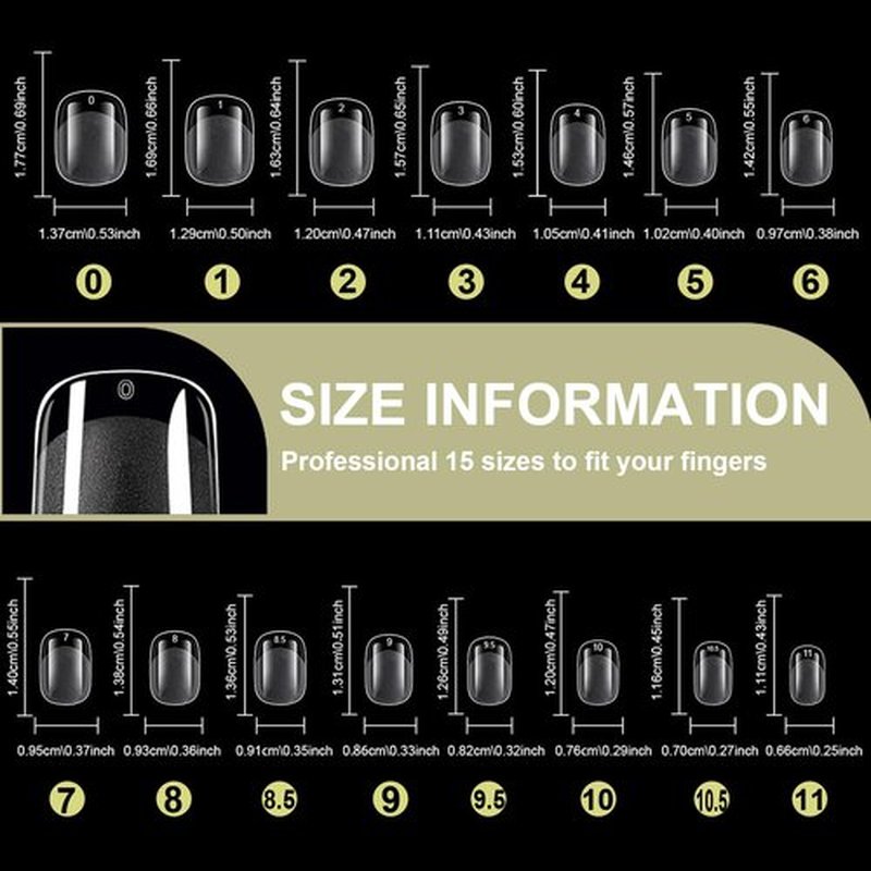 600Pcs Short Almond &Tapered Round Square Soft Gel Nail Tips Set 2 Shape XS Clear Acrylic False Nails for Manicure Extension Art Home DIY Salon, Professional 15 Sizes,Full Cover Fake Nail Tips BlueZOO