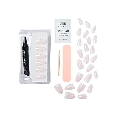 KISS Salon X-tend, Press-On Nails, Nail glue included, 'Red Flags', Light Pink, Medium Size, Almond Shape, Includes 30 Nails, 5Ml Led Soft Gel Adhesive, 1 Manicure Stick, 1 New Mini File, New Prep Pad