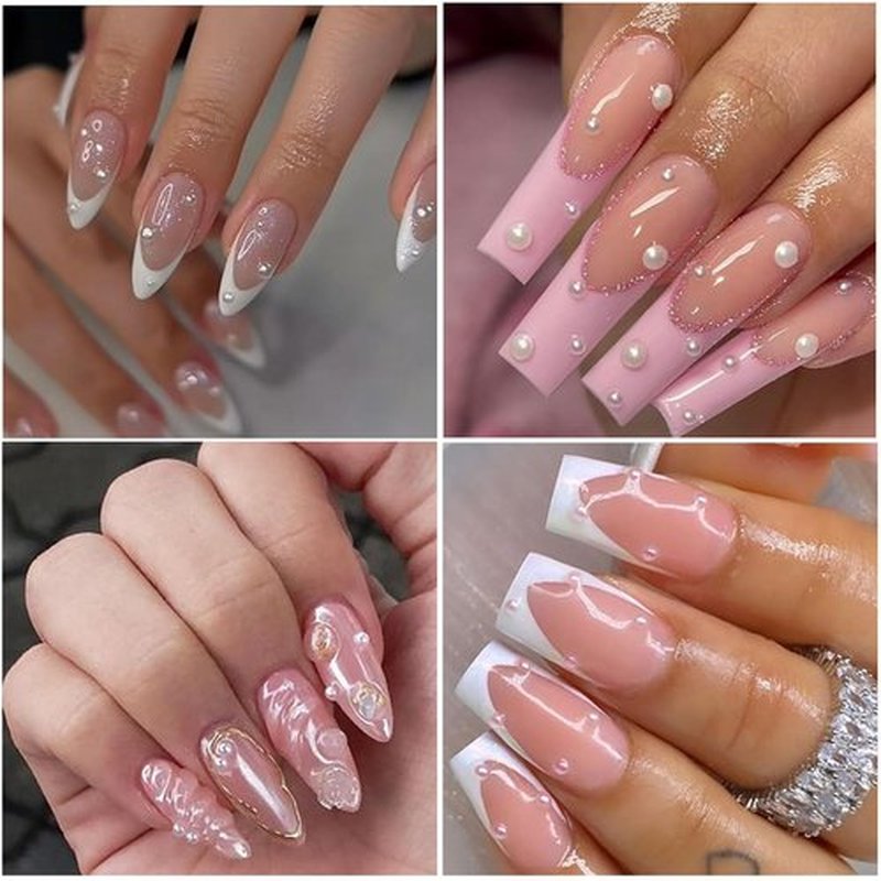 SEMATA Flatback Nail Art Pearls Charms Pink White Bow Nail Gems Mixed Size Nails Pearls Charms Moon Heart Nails Art Accessories Decoration Design for Women