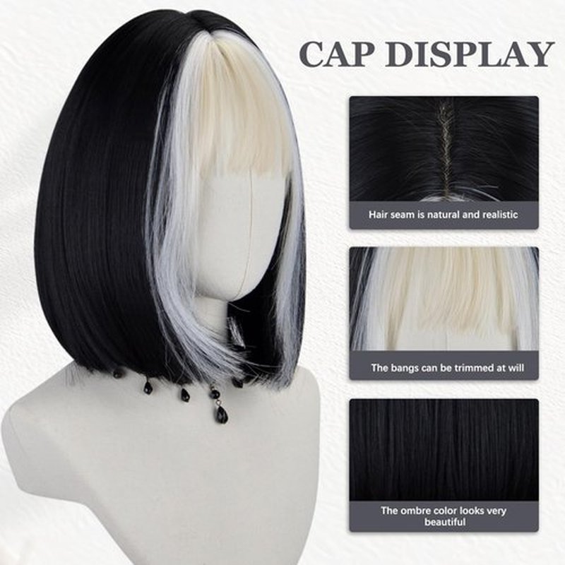 FREE BEAUTY Black Bob Wig with Bangs Short Black Straight Wig for Women Bob Shoulder Length Wigs Heat Resistant Fiber Synthetic Hair Wigs Hair Replacement Natural Looking 12inch