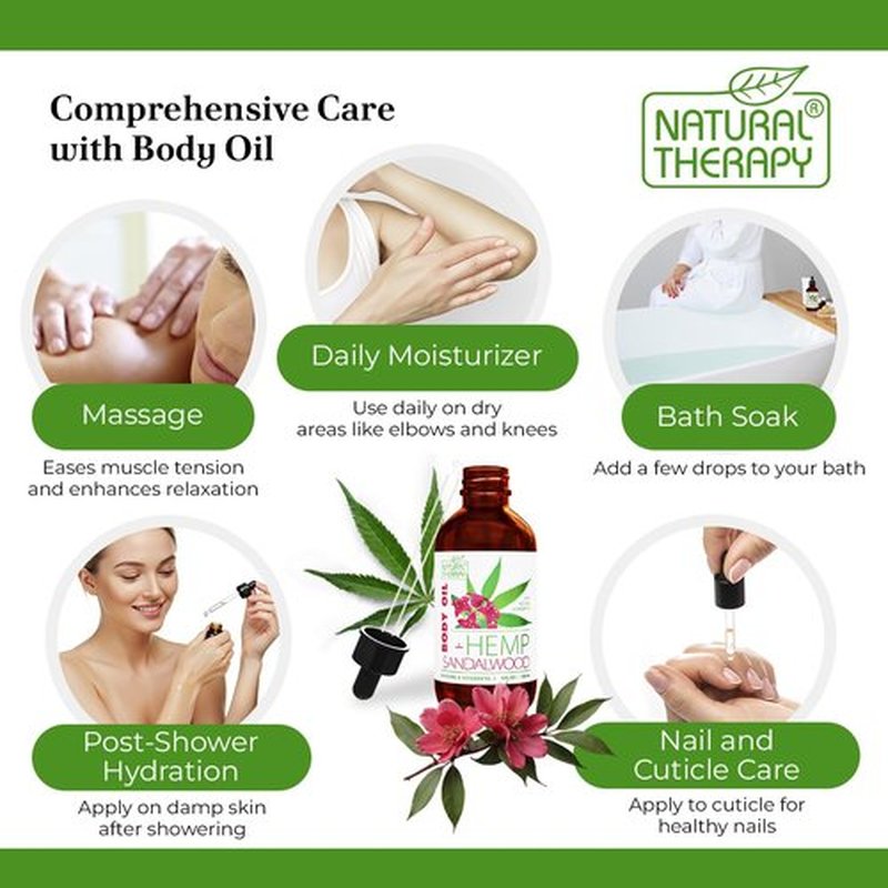 Natural Therapy Hemp & Sandalwood Body Oil – Moisturizing Body Oil – Hydrate & Soften Skin – Increase Skin Elasticity and Provide Anti-Aging Support (4 Fl.Oz)
