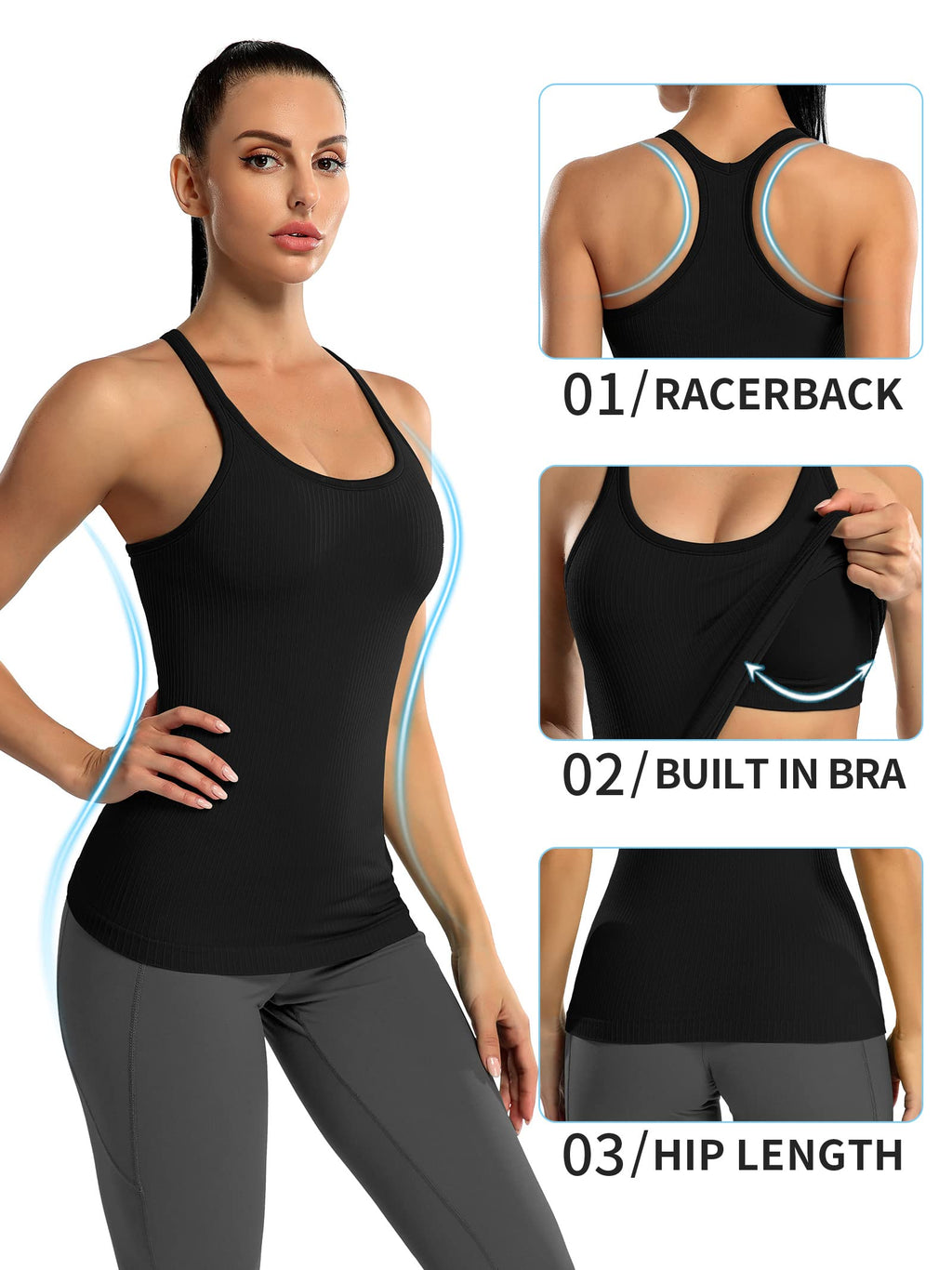 ATTRACO Ribflex Women's Workout Yoga Racerback Tank Tops Sport Athletic Fitness Active Shirts Black M