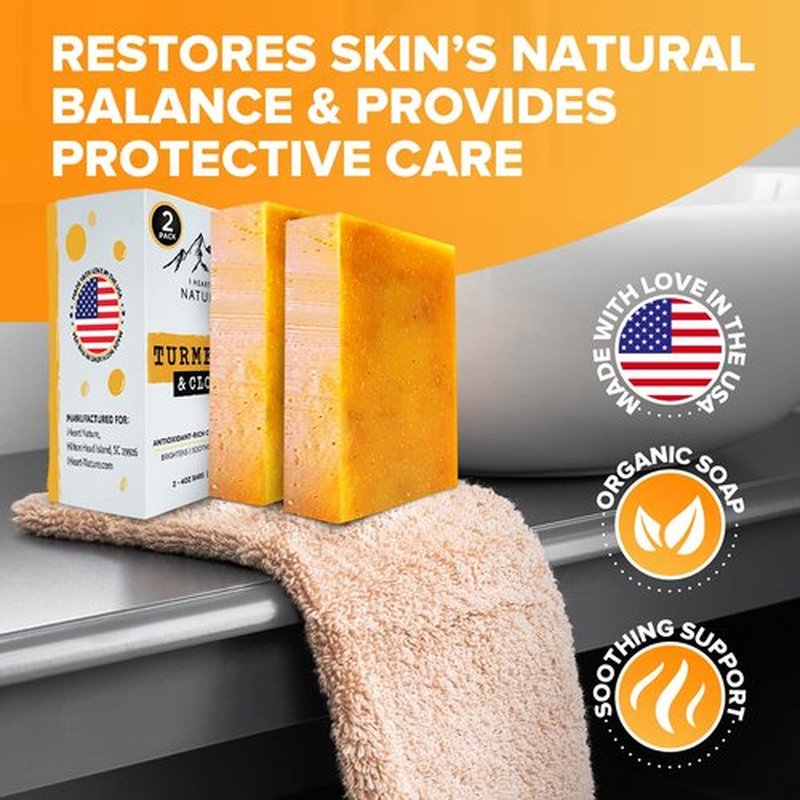iHeart Nature Turmeric Bar Soap (2-Pack) – Face & Body Cleanser for Dark Spots – Clove Essential Oil, Creamy Aromatic Lather