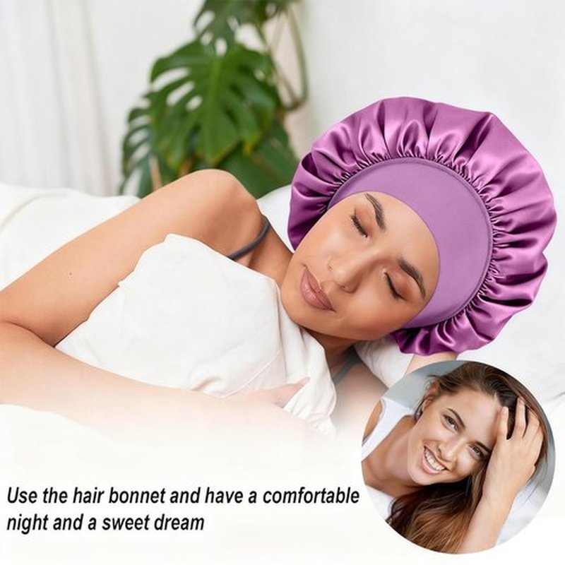 4Pcs Silk Satin Bonnets for Sleeping - Elastic Wide Band Wrap for Black Women Men,Silk Bonnets for Curly Hair,Large Hair Cap for Sleeping (Black+Purple+Blue+Green)