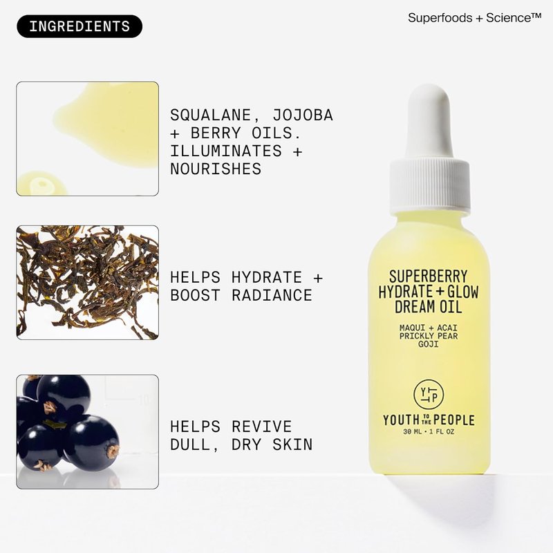 Youth To The People Superberry Glow Dream Face Oil - Hydrating, Revives Dull Skin, Vitamin C & Squalane - 1 fl oz