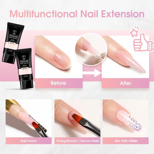 ROSALIND 2 PCS 2oz/60ml Pink Poly Extension Gel Set Bulider Pink Gel for Nail Art, Nail Thickening Poly NailTube Need UV Lamp