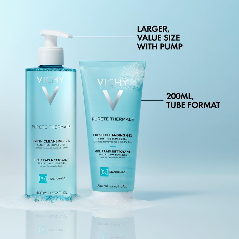 VICHY Pureté Thermale Fresh Cleansing Gel, Formulated With Glycerin & Niacinamide, Gentle Gel Cleanser & Makeup Remover, Removes Impurities Without Overdrying, Safe For Sensitive Skin & Eyes
