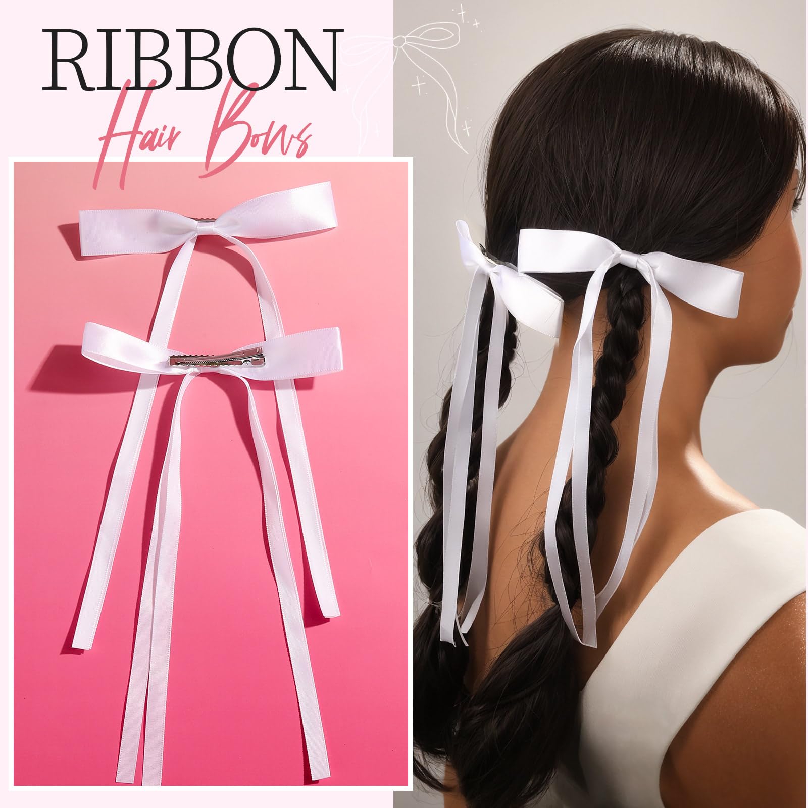 YGDZ 16PCS White Oversized Silky Satin Hair Bows Set, Ribbon Bows with Scrunchies for Women & Girls, Christmas Stuffers Xmas Gift, White Hair Accessories for Christmas & Wedding