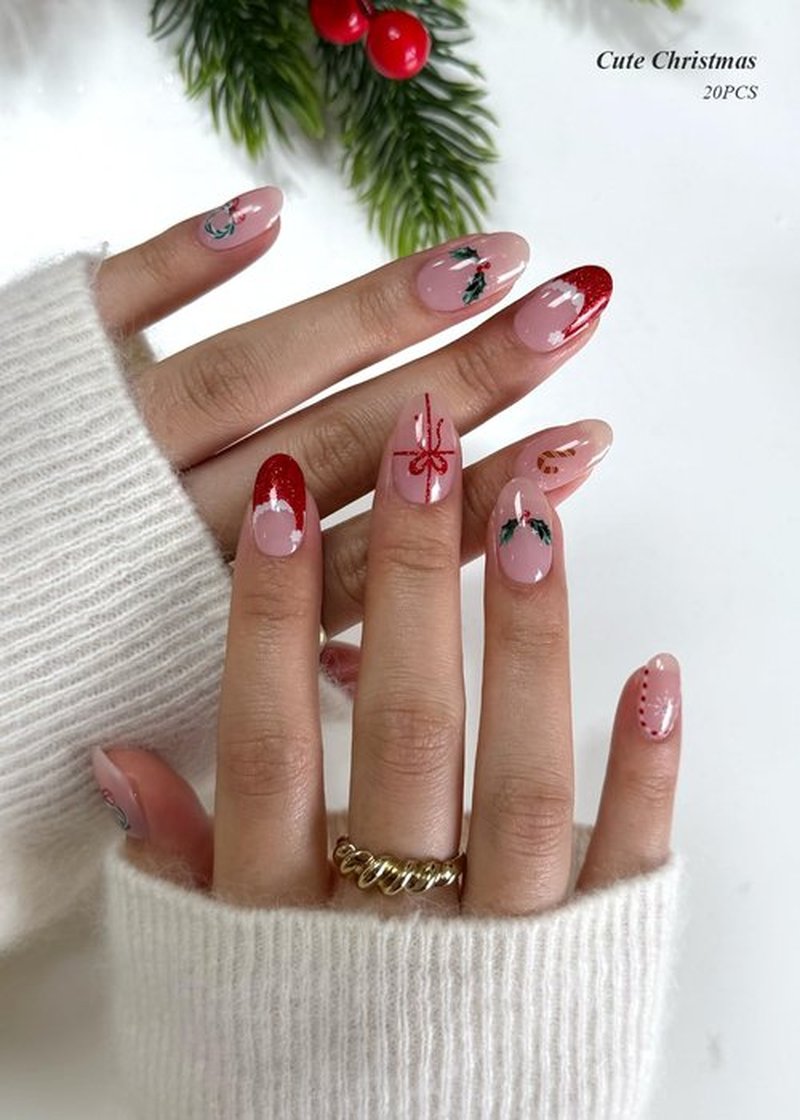 AutyaMee Semi Cured Gel Nail Strips (Cute Christmas), Red Santa Hat, 20 Pcs Gel Nail Wraps, Stickers, Wreath, Snowflake, Candy Cane, Works with Any UV Lamps