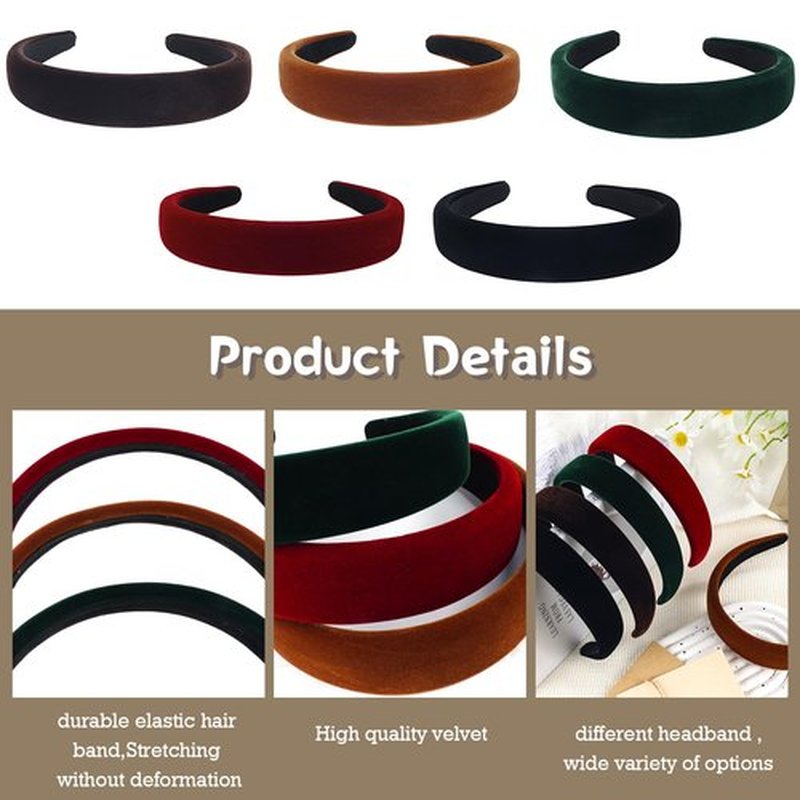 Lestp 5Pcs Velvet Wide Headbands for Women Winter Black Red Headband Cute Christmas Accessories Gift Soft Padded Headband Fashion Headband Non Slip Vintage Head Band Plastic Headbands 90s Hair Band