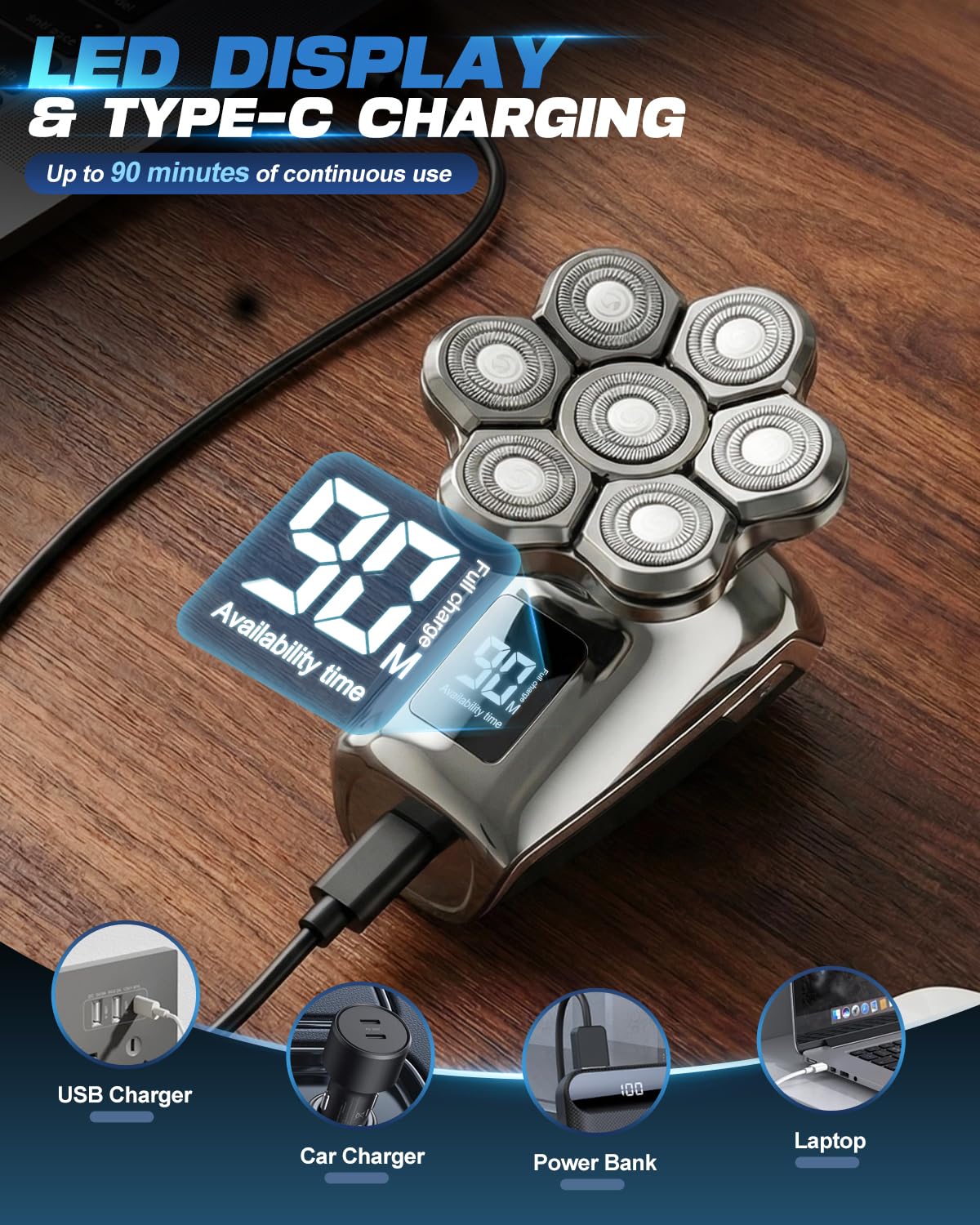Maraiss Head Shaver for Bald Men, 7D Floating Head Electric Razor, IPX7 Waterproof Wet & Dry Bald Shaver with Magnetic Detachable Blade, Type-C Fast Charging LED Display, Gift for Men Father's Day