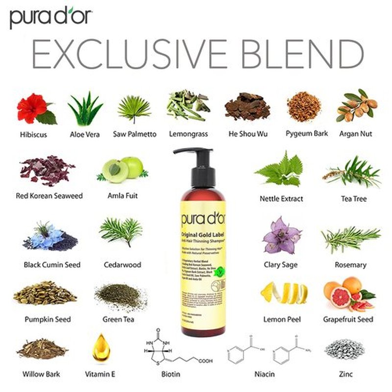 PURA D'OR 8 Oz Original Gold Label Anti-Thinning Biotin Shampoo Natural Earthy Scent, CLINICALLY TESTED Effective Results, Herbal Blend Hair Thickening Products, Women & Men, Color Treated Hair