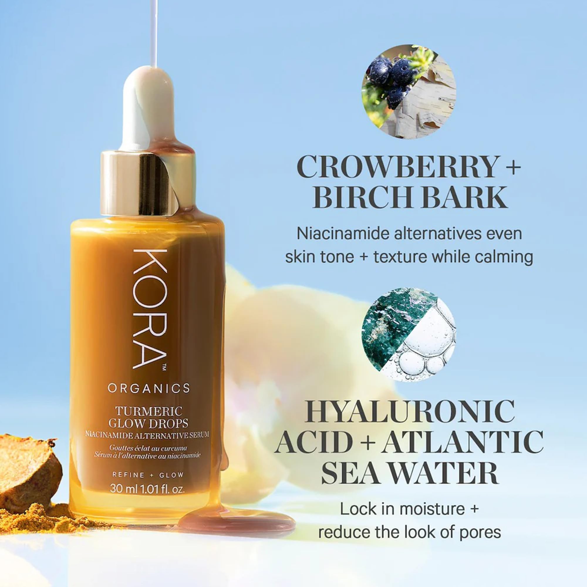 KORA Organics Turmeric Glow Drops Niacinamide Alternative Serum for Face, Gentle Hydrating Face Serum with Hyaluronic Acid, Helps Improve Texture, Pores & Dark Spot, Cruelty Free Skin Care, 0.34 fl oz