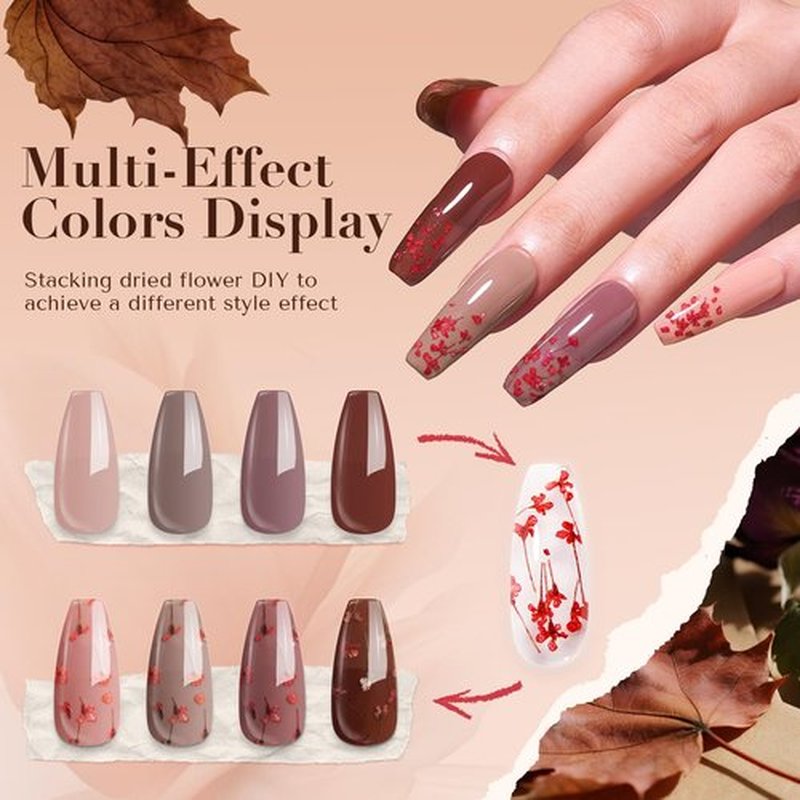 AZUREBEAUTY Dip Powder Nail Kit, 4 Colors Nude Dark Brown with Dried Flower Set, Fall Winter Natural Dipping Powder Starter Liquid Set Recycling Tray with Base & Top Coat Activator ﻿