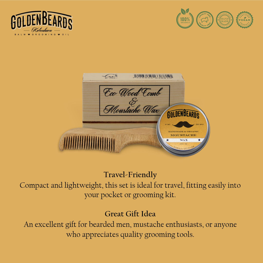 Golden Beards Moustache Wax & Eco Wood Vegan Comb Kit – Medium Hold Wax with Lime Scent & Eco Wood Comb 2.5 in – Handmade, Vegan, Cruelty-Free Moustache Styling Set