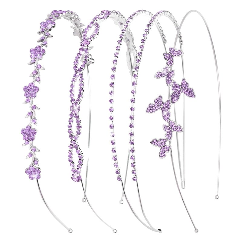 Wecoe 4 Pcs Purple Rhinestone Headband Flower Girl Bridal Wedding Headband Crystal Headpiece Flower Leaf Butterfly Metal Hairband Hair Accessories for Women Girls Gifts