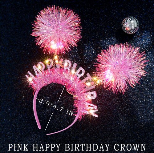 Aceorna Light Up Pink Headbands LED Happy Birthday Crown Hairbands Glowing Pom Pom Hair Accessories for Women
