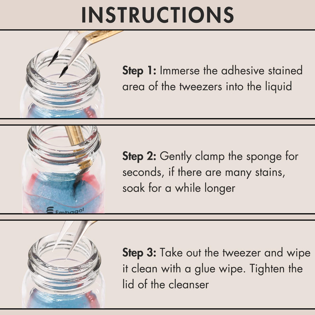Embagol Tweezer Cleanser for Eyelash Extensions with Nail Wipes Lint Free Glue wipes Tweezers Glue Remover Liquid for Lash Tools with 2 Spongeballs Kit(2 Bottles Cleanser+1 Glue Wipes)