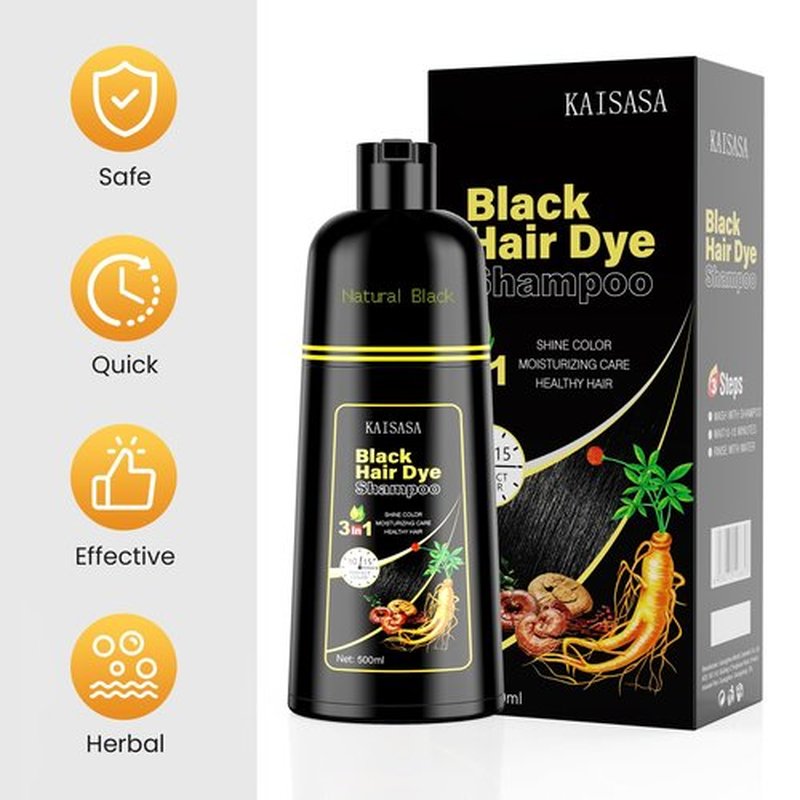 KAISASA Black Hair Dye Shampoo 3 in 1, Hair Color Shampoo for Women and Men, Hair Dye to Cover Gray Hair, Herbal Ingredient Shampoos for Grey Hair Coverage 500ml (Black)