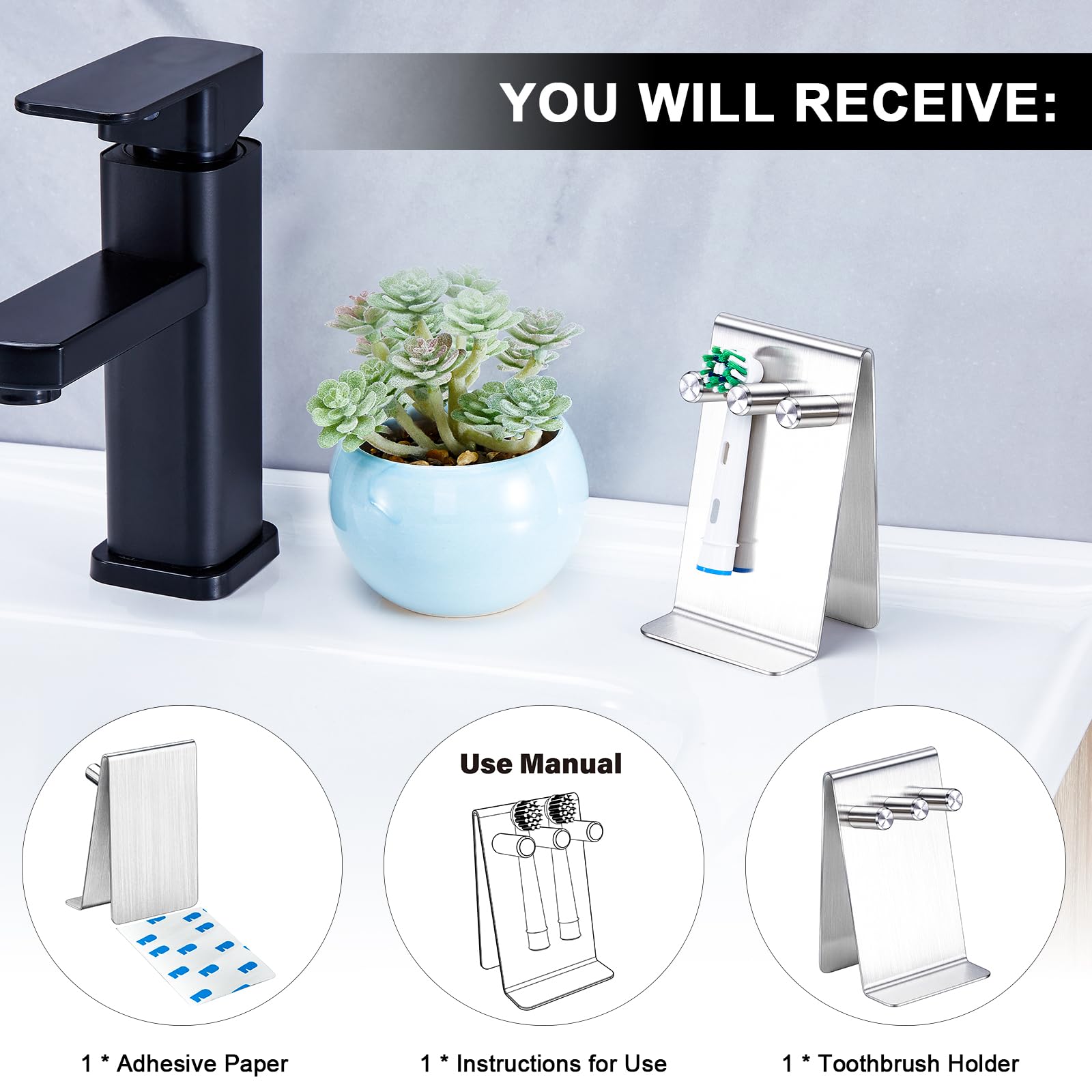 WAYASI Electric Toothbrush Head Holder, Self Adhesive or Desktop Tooth Brushing Holder, Wall Mounted Toothbrush Holders Shower Bathroom, Tooth Brush Holder Organiser (Silver, Small)