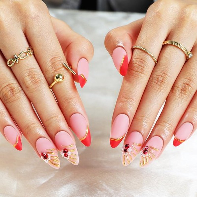 AROVFAM 3D Gold Curve Line 24Pcs Medium Almond Acrylic Matte Red French Tips Stick on Nails Crystal Gel Glue on Nails for Coquette Women Girls
