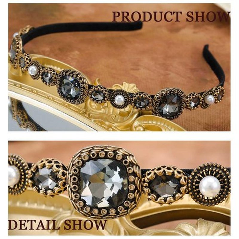 Firuilo Baroque Crystal Headband Pearl Rhinestones Hairbands Black Thin Headband for Women(Type A)