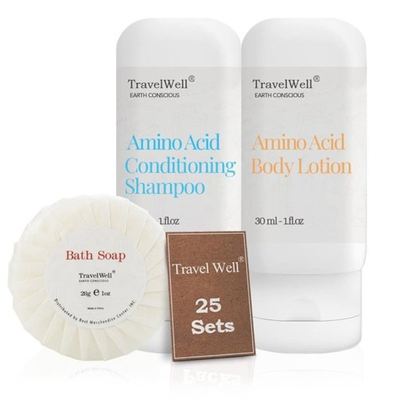 Travelwell Individually Wrapped Shampoo & Conditioner 2 in 1, Body Lotion, and Travel Soap Set | 25 Bottles + 25 Bars | Bulk Hotel Toiletries