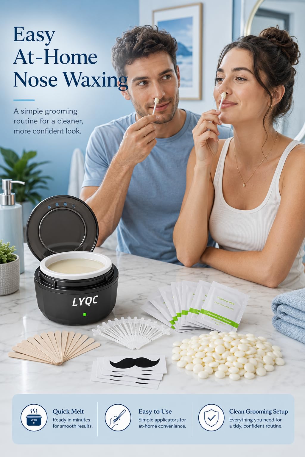 LYQC Nose Wax Kit Men, Mini Wax Warmer for Nose Eyebrow Ear Hair Removal, waxing kit with USB Fast Heat，including 100g Beads & 30 Sticks，Portable wax machine, suitable for home travel use - black