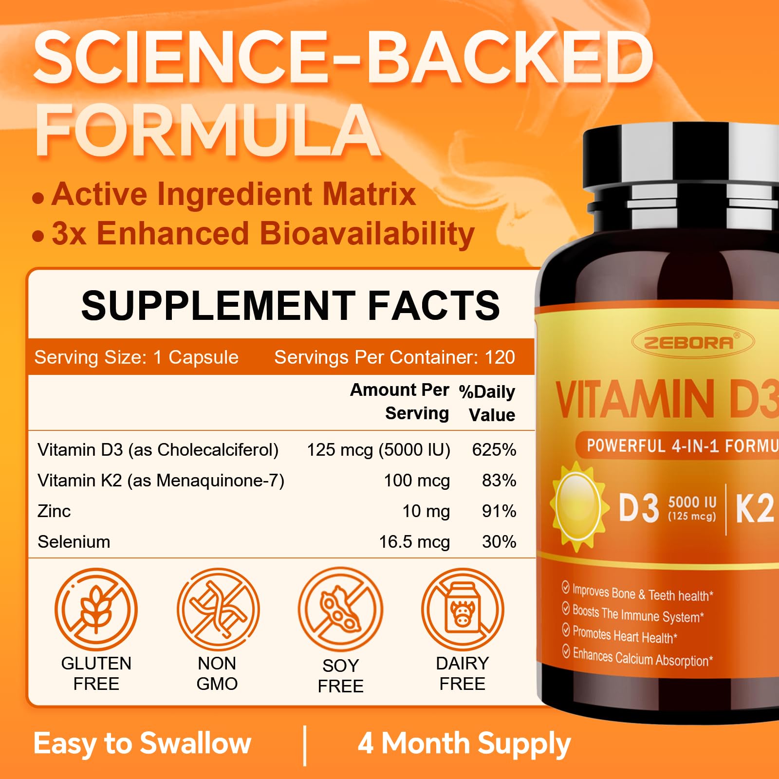 ZEBORA Vitamin D3 K2 with Zinc and Selenium - 5000 IU of Vitamin D3, 100 Mcg MK7 Vitamin K2 for Maximum Absorption, Supports Bones, Teeth & Immune Healt, 120 Capsules