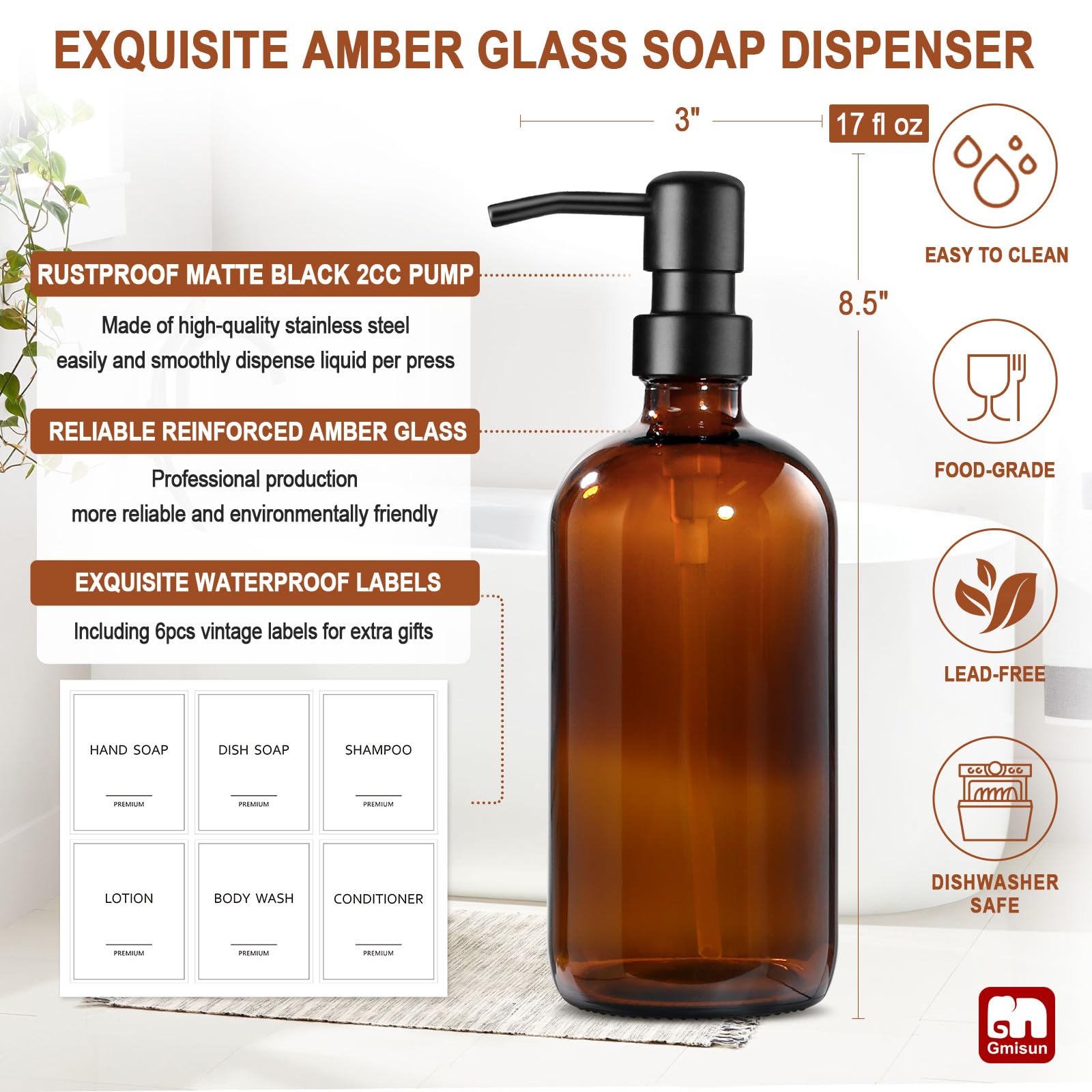 GMISUN Amber Glass Soap Dispenser, 4 Pack Bathroom Hand Soap Dispensers with Stainless Steel Pump, 17 Fl Oz Kitchen Hand and Dish Soap Dispenser Set, Modern Vintage Liquid Brown Soap Dispensers Bottle