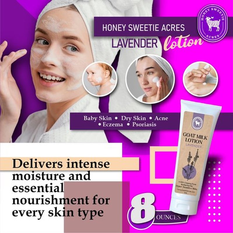 Honey Sweetie Acres Fresh Off The Goat All-Natural Goat Milk 8 oz Lavender Body Lotion is a cruelty-free, handmade lotion that hydrates and moisturizes - Made in the USA