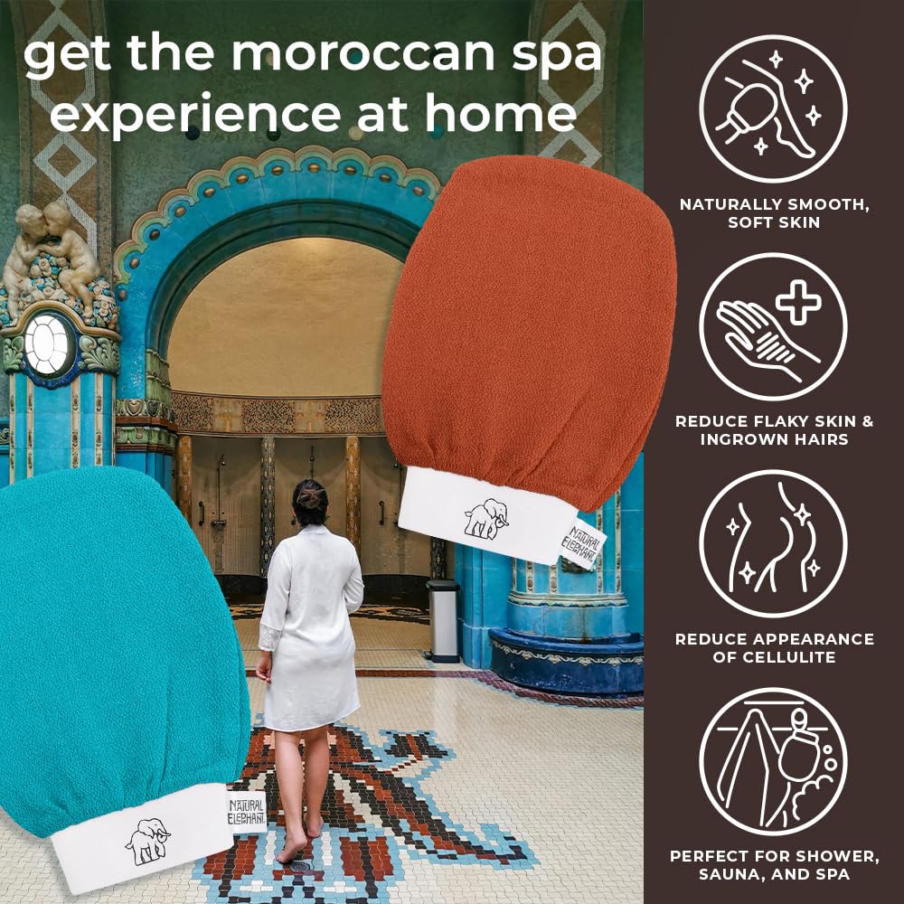 Natural Elephant Exfoliating Hammam Glove | Authentic Moroccan Kessa Body Scrub Mitt for Spa-Quality Skin Renewal | Pink Tulip 2 Pack