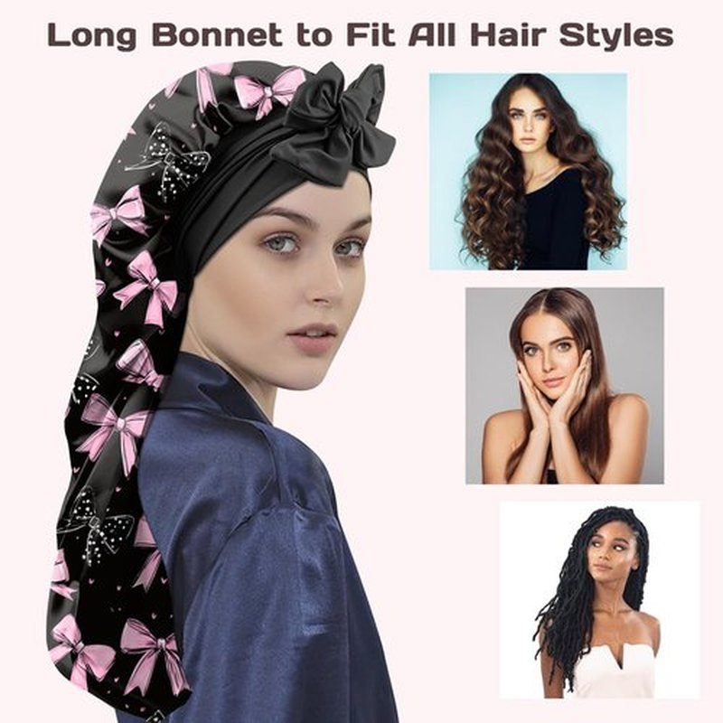 Cabreche Long Satin Hair Braid Bonnet for Sleeping Double Layer Soft Silk Lined Tie Band Wide Elastic Silky Nightcap for Women Girls Cute-Black Pink Bowknot