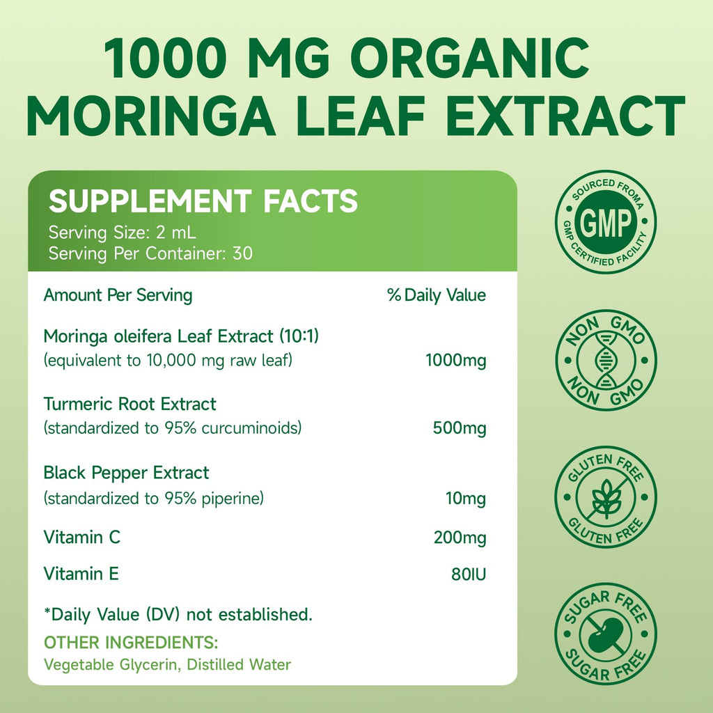 NaSeny Organic Moringa Oleifera Liquid Drops, 1000mg Moringa Leaf Extract w. Turmeric, Black Pepper, Moringa Supplement for Energy, Antioxidant, Joint & Gut, Fast Absorption, Vegan, Non-GMO, 2 Fl Oz