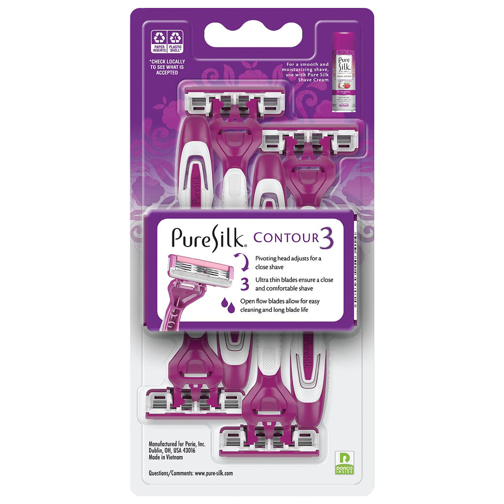 Pure Silk Contour 3 Disposable Razors for Women (3 Packs/12 Total Razors)