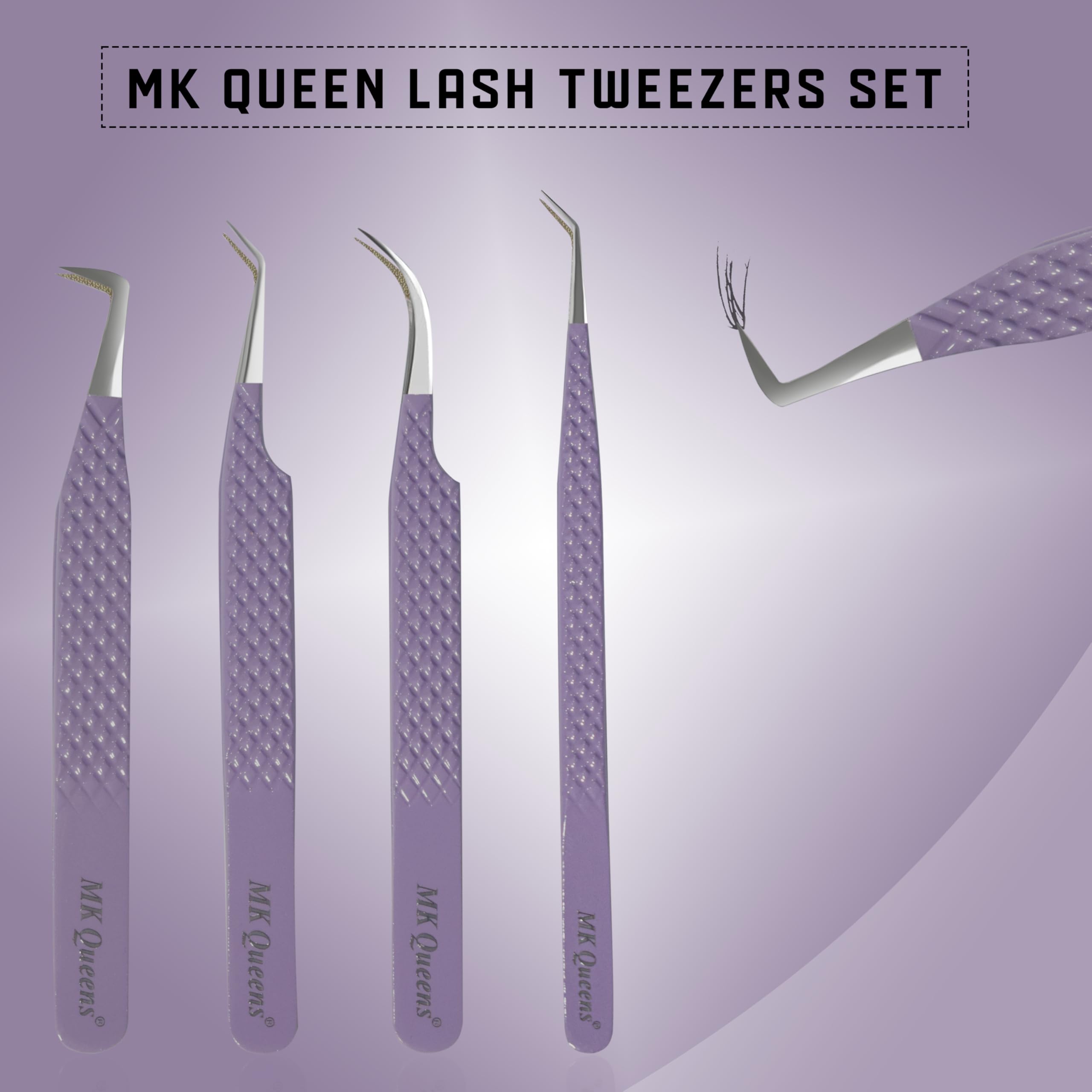 MK Queens Lash Tweezers - Stainless Steel Fiber Tip Eyelash Tweezers (Set of 4) - Diamond Grip Professional Lash Tweezers for Eyelash Extensions (Purple)