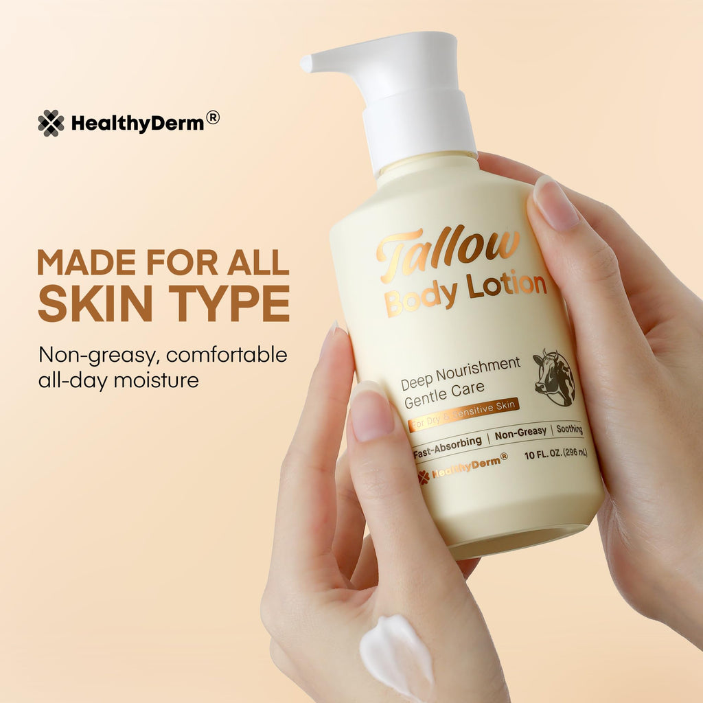Beef Tallow Body Lotion for Skin: Grass-Fed Daily Moisturizing Cream for Dry, Mature & Crepey Skin, Fast-Absorbing, Non-Greasy, Fragrance-Free Moisturizer with Aloe & Shea Butter (Yellow Bottle)