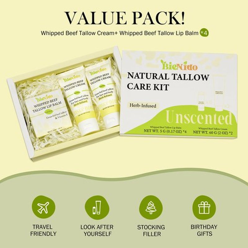 Beef Tallow for Skin: Organic Grass Fed Tallow Cream & Lip Balm Set – Natural Dry Skin Moisturizer for Face, Body, Hands & Lips