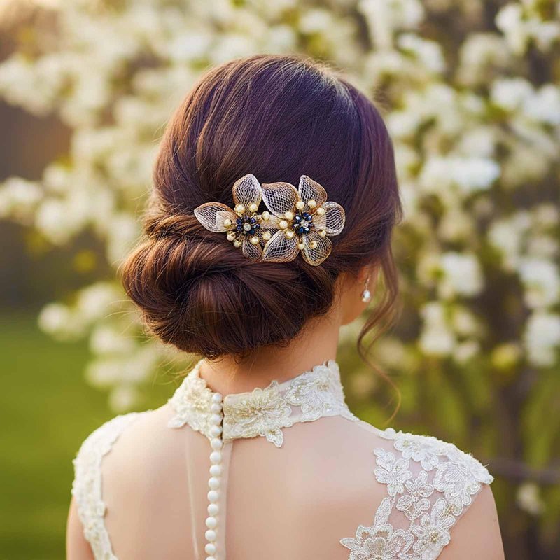 Yokawe Crystal Flower Hair Clip, Gold Mesh Design with Pearl Beads, Wedding Hair Accessory, Double Floral Barrette
