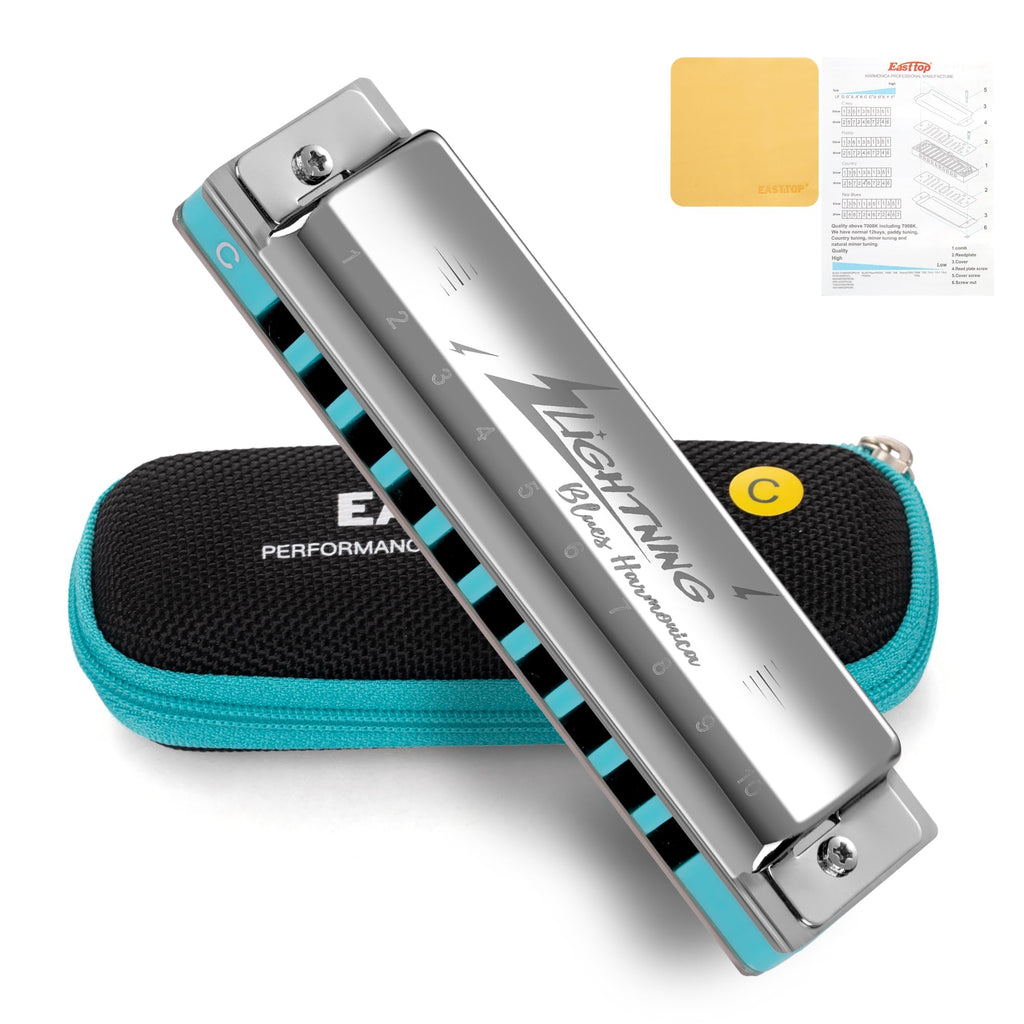 East top Lightning Harmonica, Advanced Diatonic Harmonica Key of C, 10 Holes Mouth Organ Harmonica with Silver Cover, Blues Harmonicas For Adults, Professionals and Students