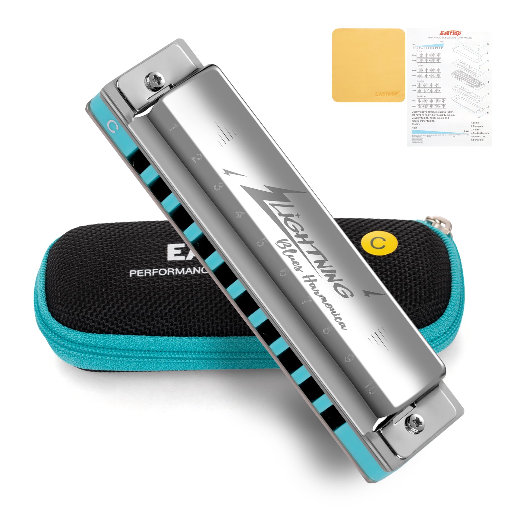 East top Lightning Harmonica, Advanced Diatonic Harmonica Key of C, 10 Holes Mouth Organ Harmonica with Silver Cover, Blues Harmonicas For Adults, Professionals and Students