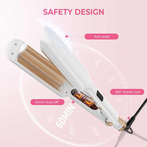 Hair Crimper Waver Curling Iron, 1/2 Inch Beach Waves Curling Wands, Ceramic 2 Barrels Deep Waver, Dual Voltage Hair Culer Tools with EU/UK Plug Adapter,12 Temps, 30S Heat up, Auto-Off (White Gold)