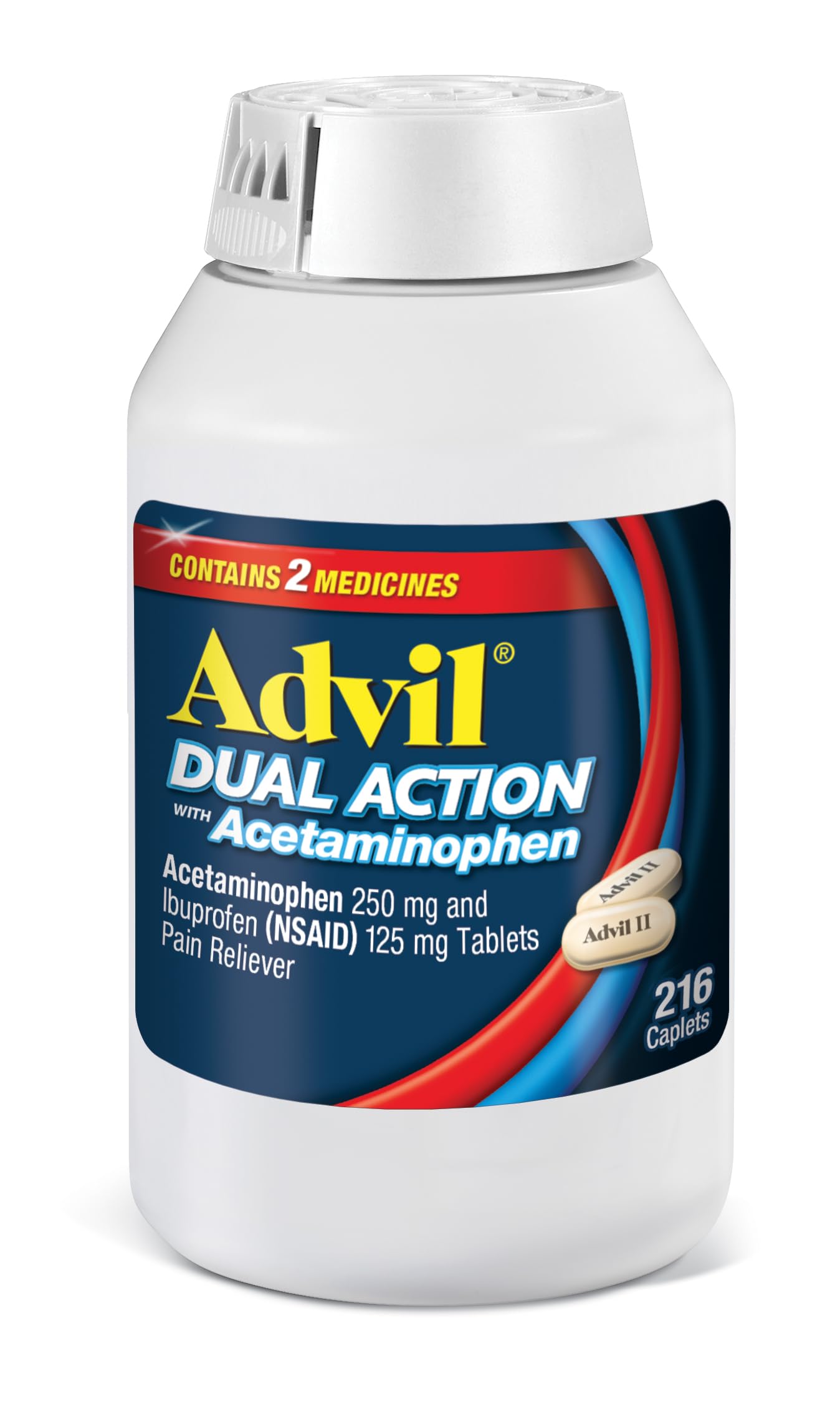 Advil Dual Action Coated Caplets with Acetaminophen, 250 Mg Ibuprofen and 500 Mg Acetaminophen Per Dose (2 Dose Equivalent) for 8 Hour Pain Relief - 216 Count