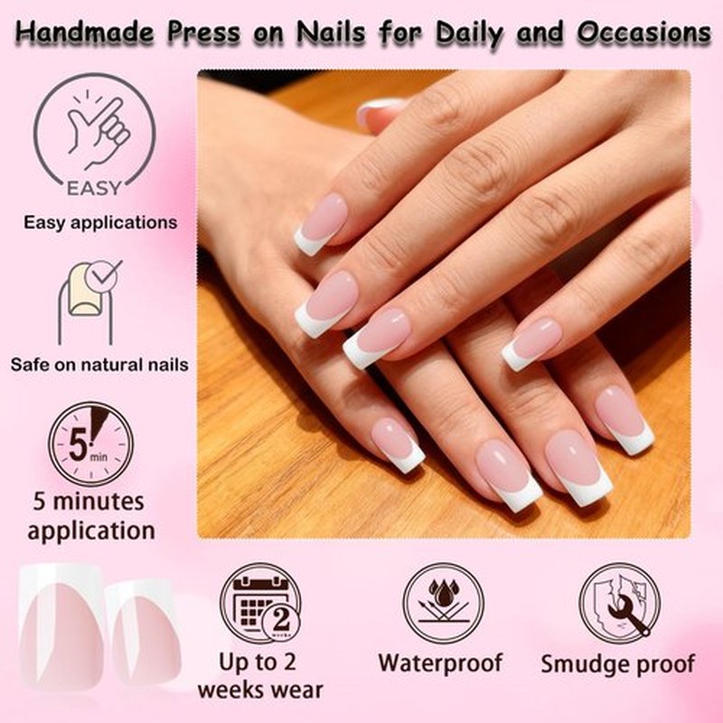 280pc French Tips Press on Nails Medium Square Fake Nail with Glue Tabs, French Tips Glue on Nails Press on Nail Square Acrylic Nails Medium Artificial Fingernails Women Girls Light Pink False Nails