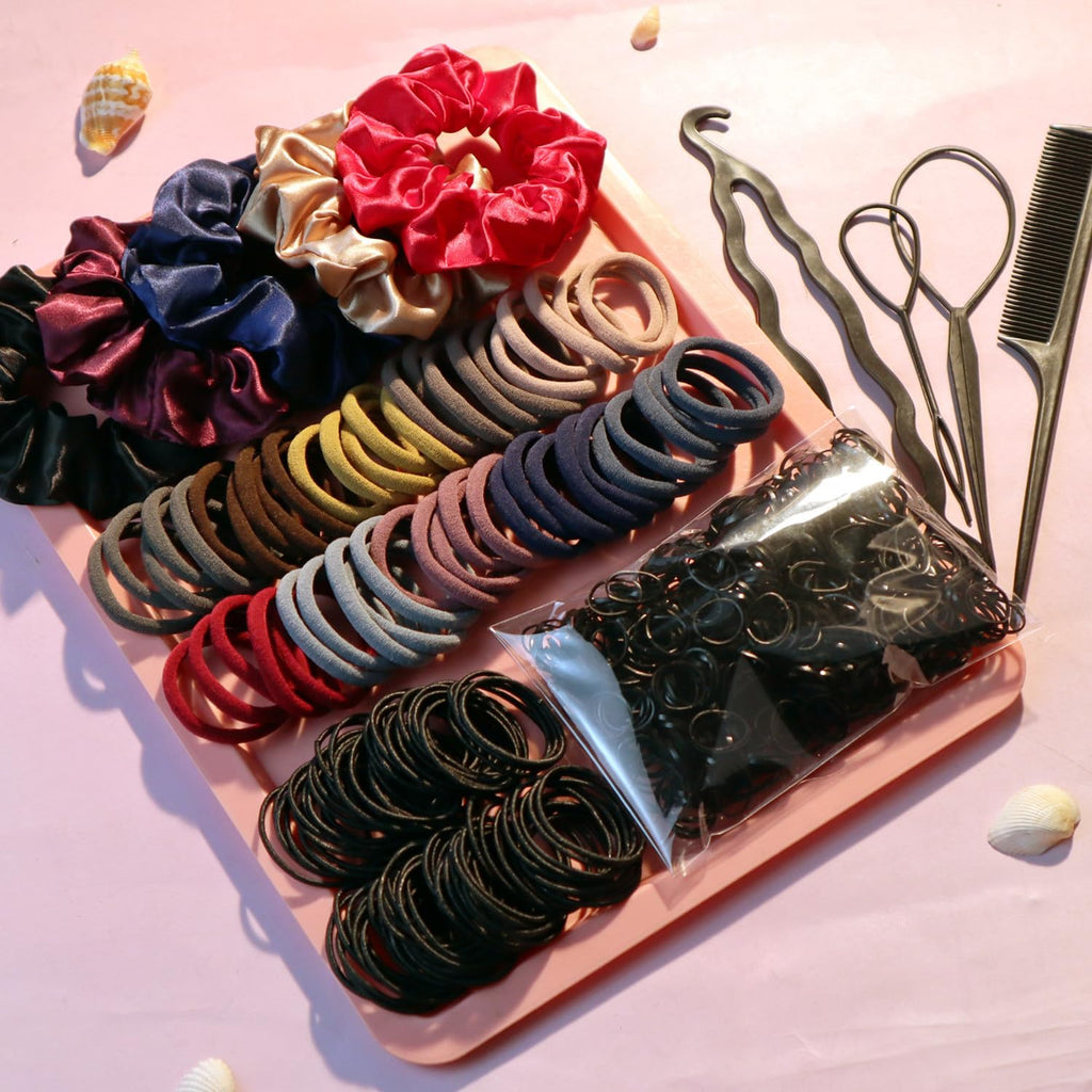 YANRONG Hair Accessories Set: 755PCS Seamless Ponytail Holders, Variety Scrunchies, Bands and Ties for Thick and Curly Hair (Dark)
