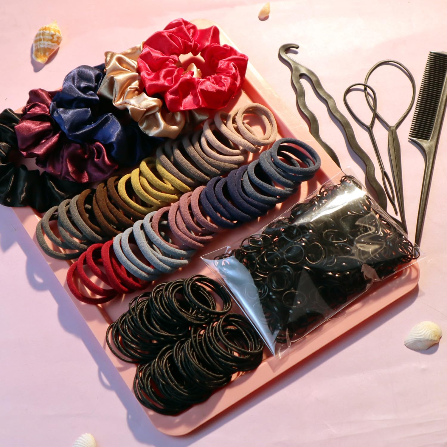 YANRONG Hair Accessories Set: 755PCS Seamless Ponytail Holders, Variety Scrunchies, Bands and Ties for Thick and Curly Hair (Dark)